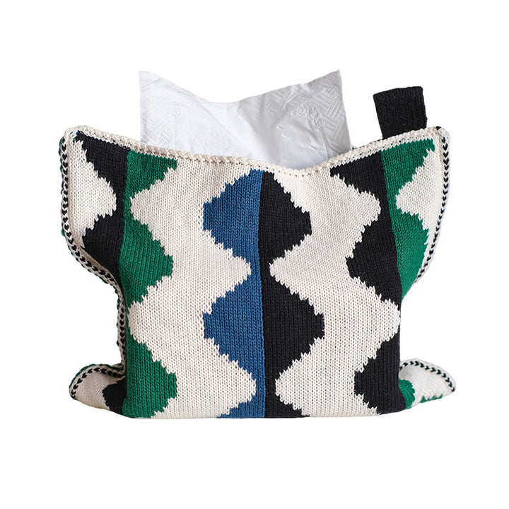Knitted tissue box cover with geometric jacquard pattern and zipper Stornfield