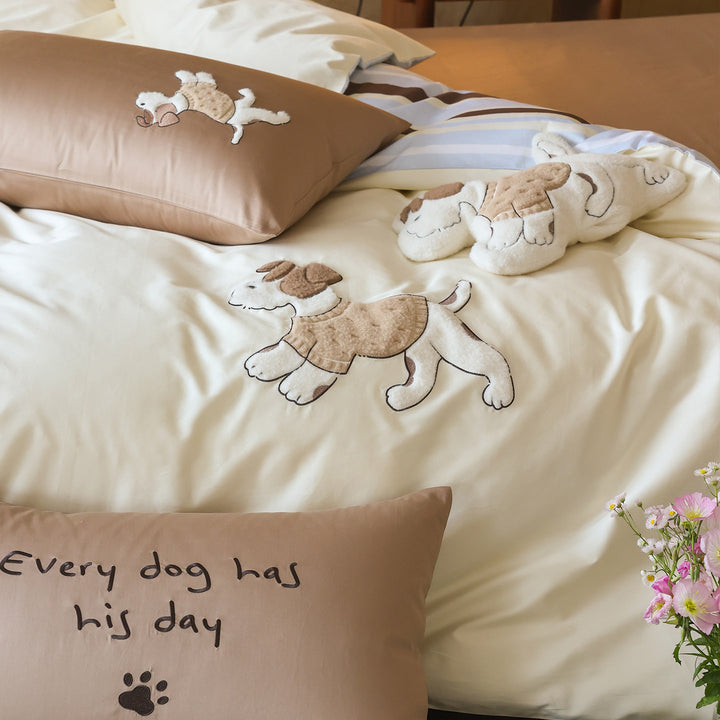 Embroidered Dog Appliqué Cotton Duvet Cover Set with Reversible Striped Panel & Pillowcases