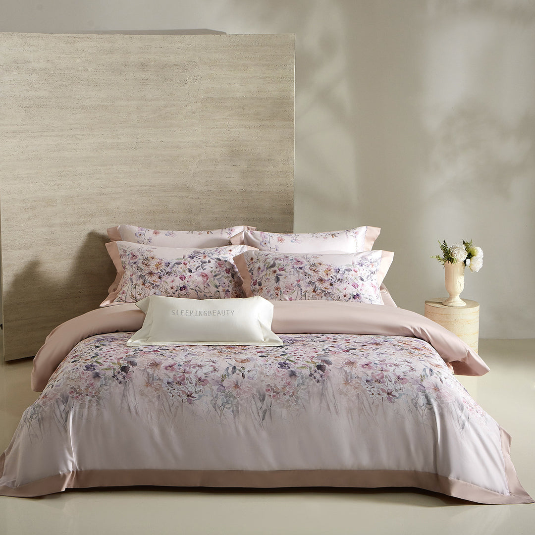 Floral Watercolor Cotton Sateen Duvet Cover Set with Hidden Zipper & Embroidered Pillow Shams
