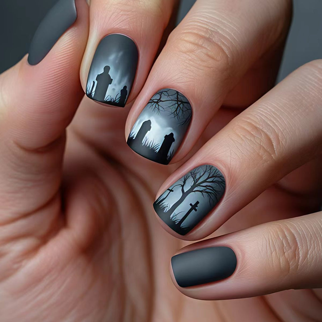 Creative nail art with dramatic tombstone design Stornfield