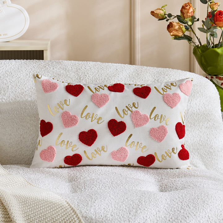 Embroidered Script Love Lumbar Pillow Cover with Tufted Heart
