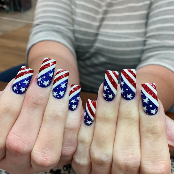 Artificial nails in patriotic stars and stripes design Stornfield