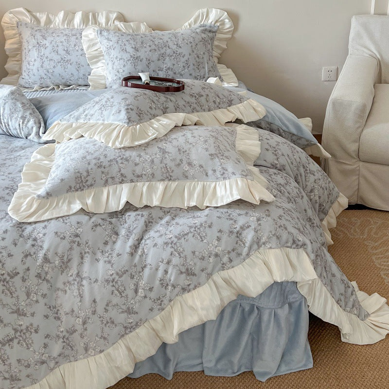 Floral Brushed Cotton Duvet Cover Set with Ruffled Satin Trim