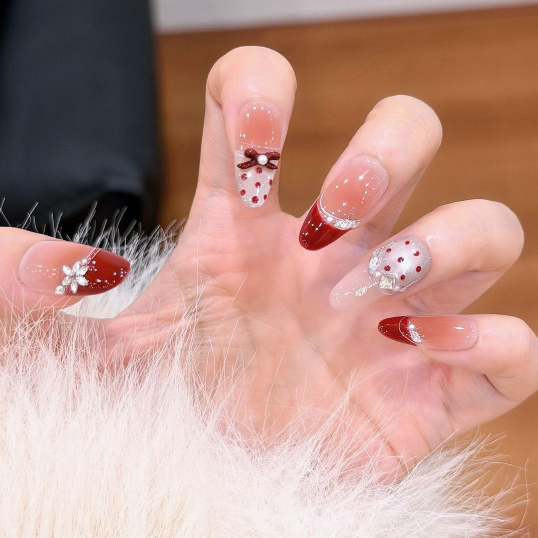Artistic Press-On Nail Set with Elegant Bow and Gemstone Decor Stornfield