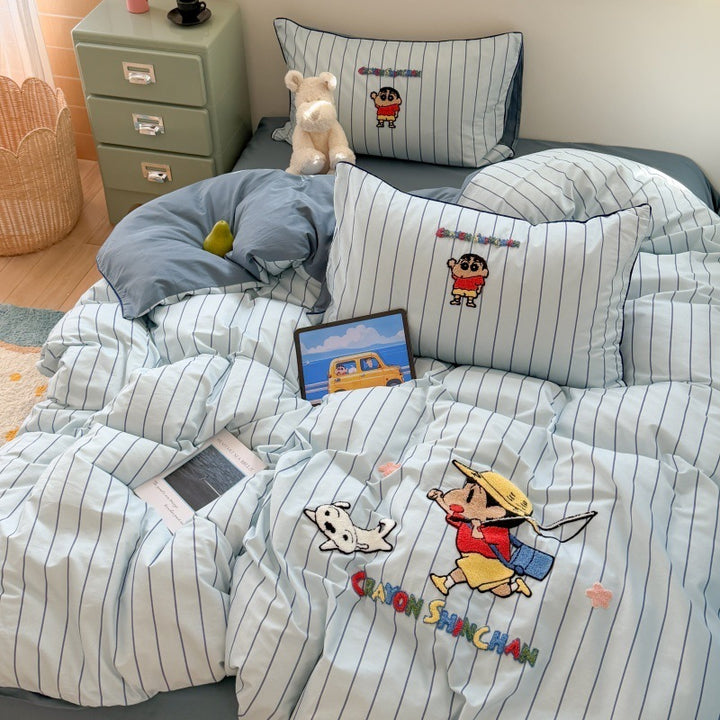 Children's Novelty Cartoon Embroidered Duvet Cover Set with Star Print