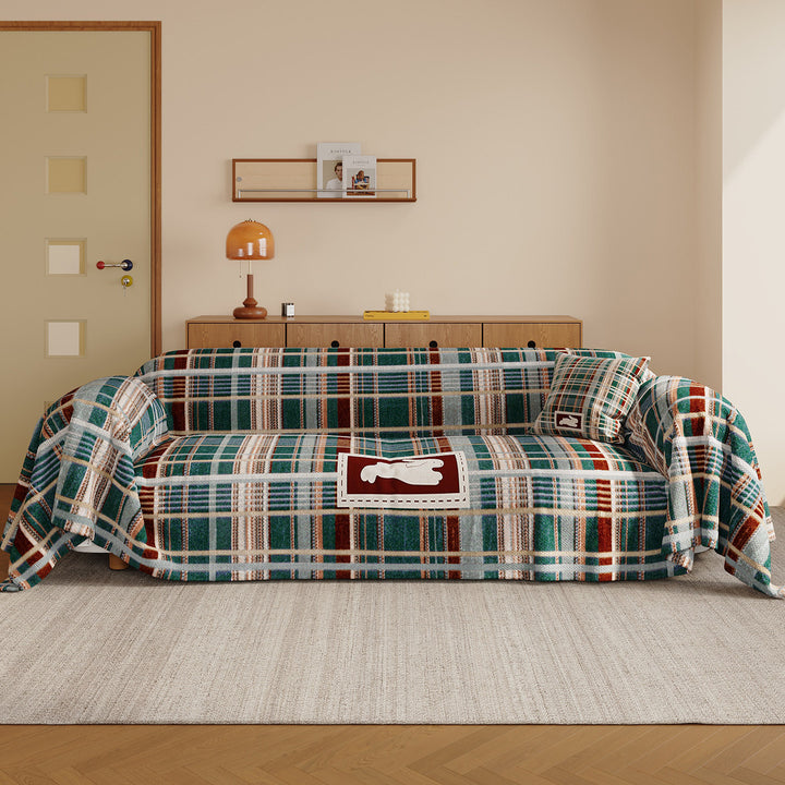 Brushed Microfiber Plaid Sofa Slipcover Throw with Bunny Appliqué and Removable Cushion Cover