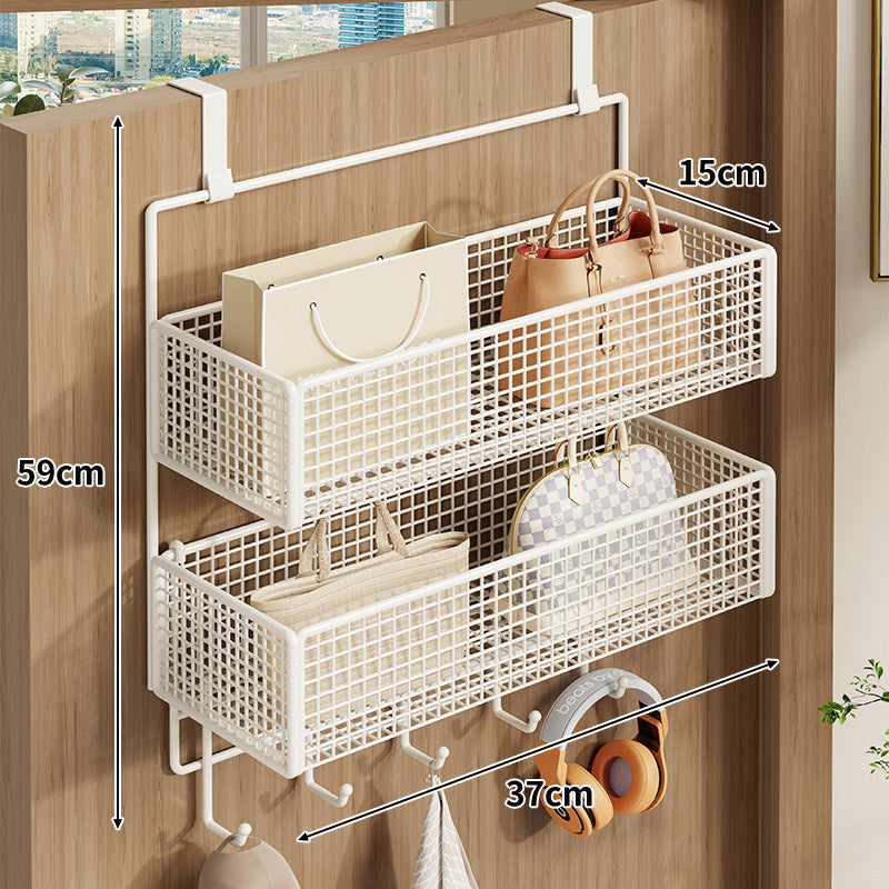 Over-Door Double-Tier Wire Mesh Storage Rack with Utility Hooks