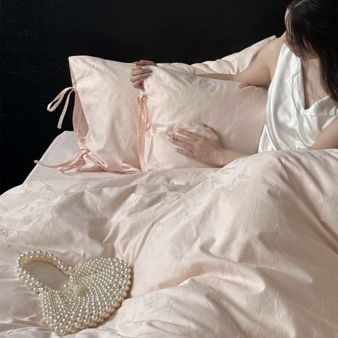 Jacquard Floral Satin-Feel Duvet Cover Set with Corner Ties & Bow-Tie Pillowcases