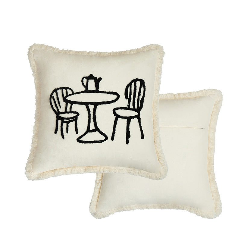 Woven decorative pillow cover with embroidered café motif and decorative fringe edge Stornfield