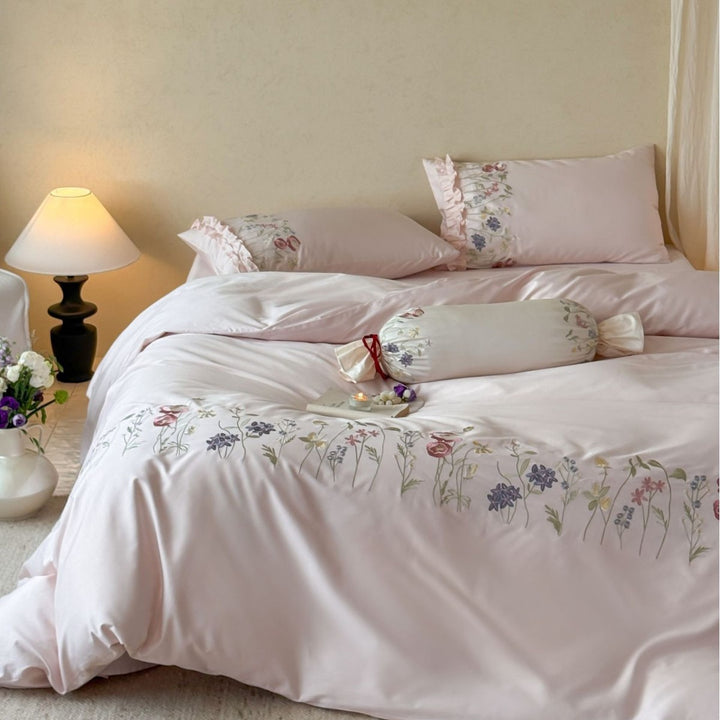 Embroidered duvet cover set with fine floral trim and soft satin feel