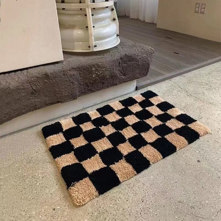 Hand‑Tufted Plush Checkered Non‑Slip Microfiber Door Rug