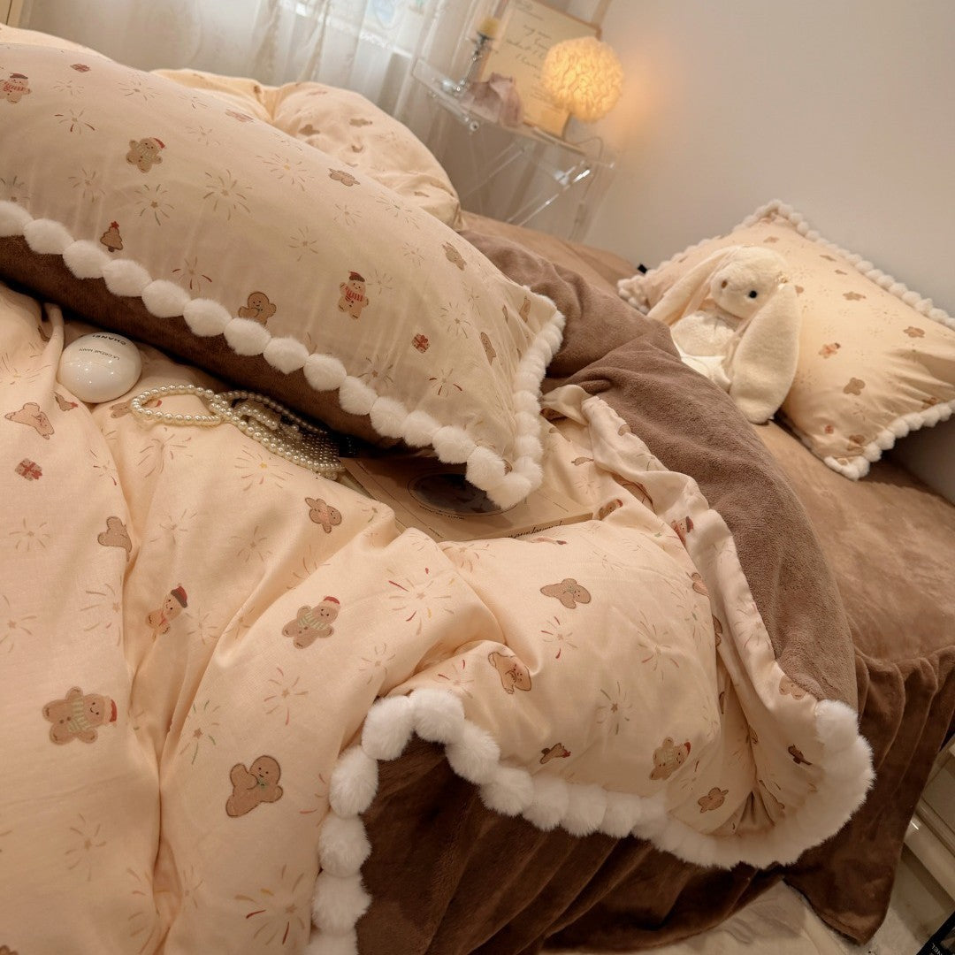 Reversible Sherpa-Back Duvet Cover Set with Gingerbread Print and Pom-Pom Trim