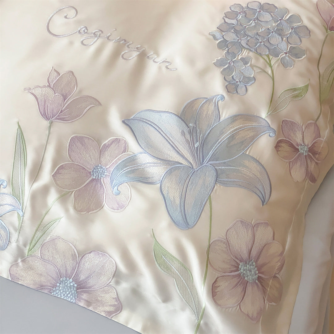 Botanical Embroidered Satin-Blend Duvet Cover Set with Pillow Shams