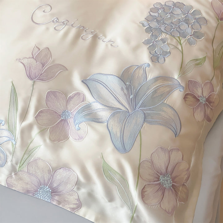 Botanical Embroidered Satin-Blend Duvet Cover Set with Pillow Shams
