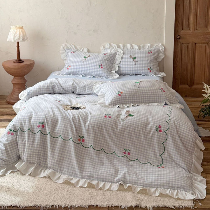 Ruffled Gingham Embroidered Duvet Cover Set with Scalloped Stitching and Pillow Shams