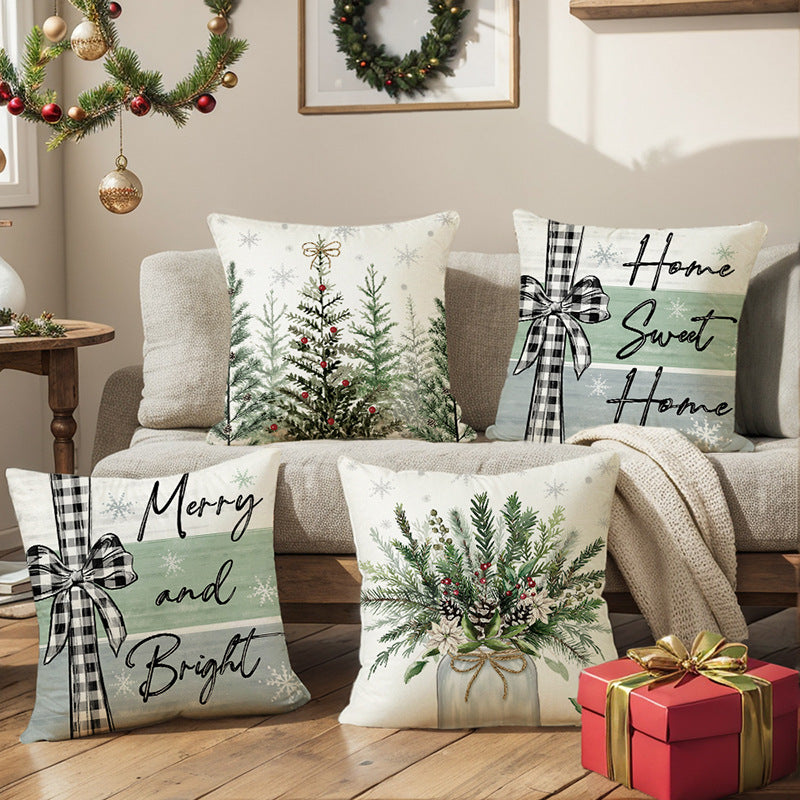 Square Linen-Blend Holiday Cushion Cover with Watercolor Evergreen Forest and Berry Accent