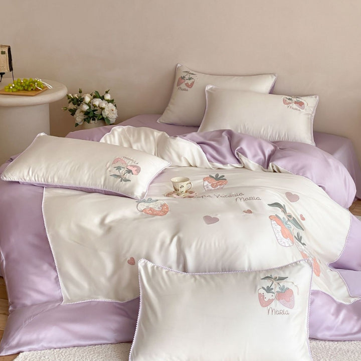 Pastel Satin bedding set with hand-drawn strawberry motif and fine piping