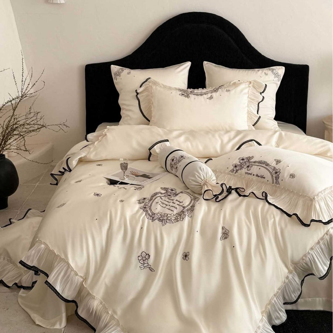 Satin-Feel Embroidered Ruffled Duvet Cover Set with Decorative Bolster & Pleated Hem