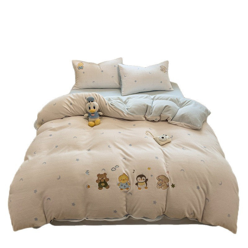 Reversible Flannel Duvet Comforter Set with Embroidered Elephant and Heart Motif