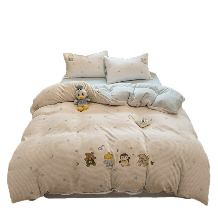 Reversible Flannel Duvet Comforter Set with Embroidered Elephant and Heart Motif