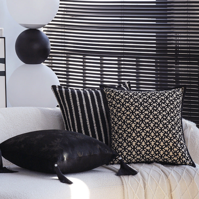 Square decorative cushion made of velvet with relief longitudinal stripes and fringe tassel Stornfield