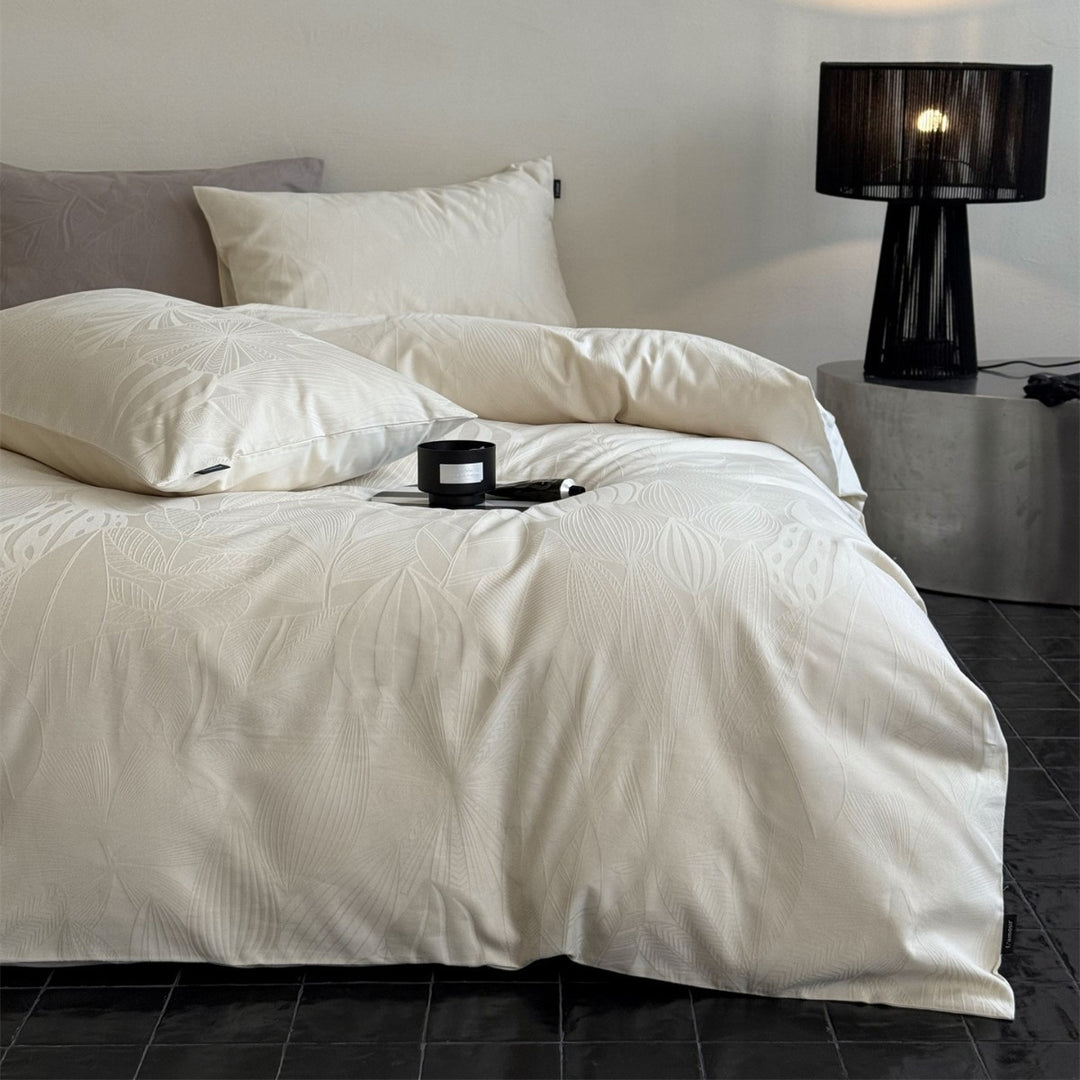 Jacquard Botanical Cotton-Sateen Duvet Cover Set with Subtle Embossed Leaf Pattern