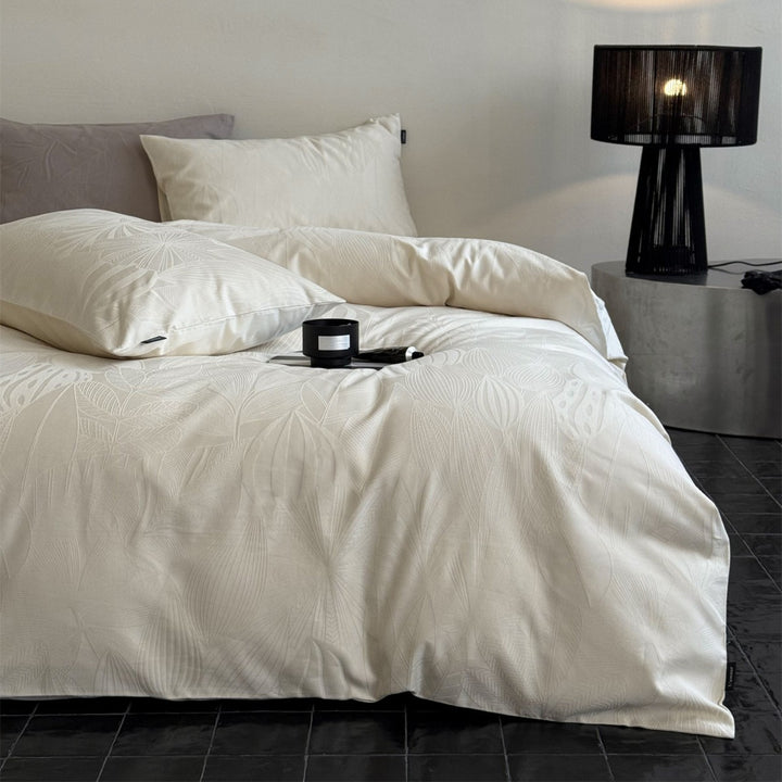 Jacquard Botanical Cotton-Sateen Duvet Cover Set with Subtle Embossed Leaf Pattern