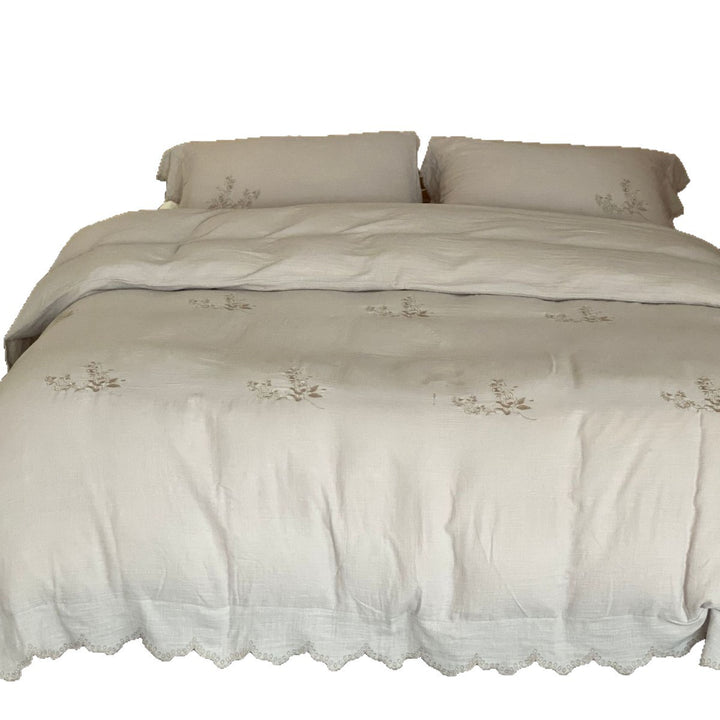 Textured Cotton-Gauze Linen-Feel Ruffled-Edge Duvet Cover Set