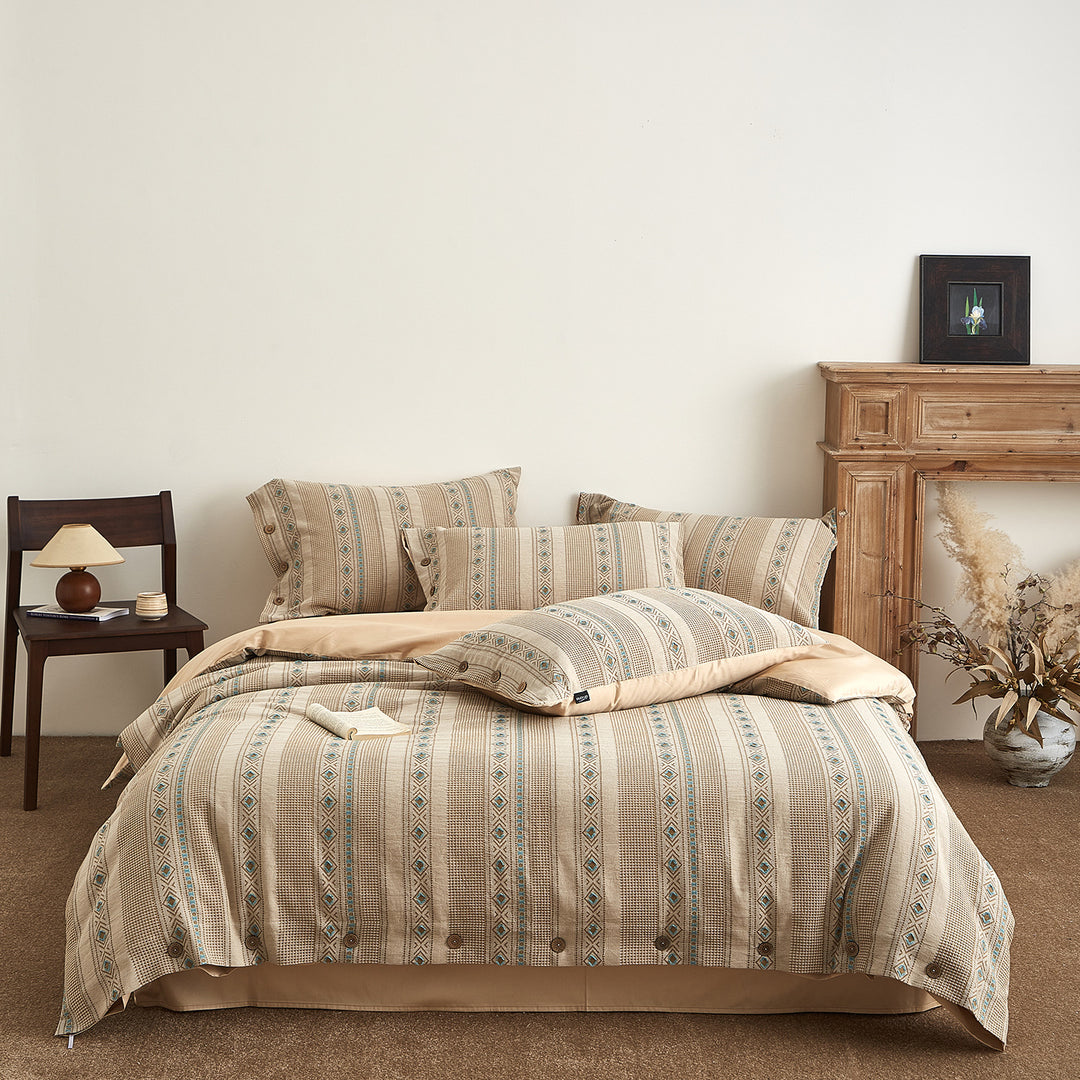 Striped Woven Cotton Duvet Cover Set with Button Closure & Reversible Solid Back