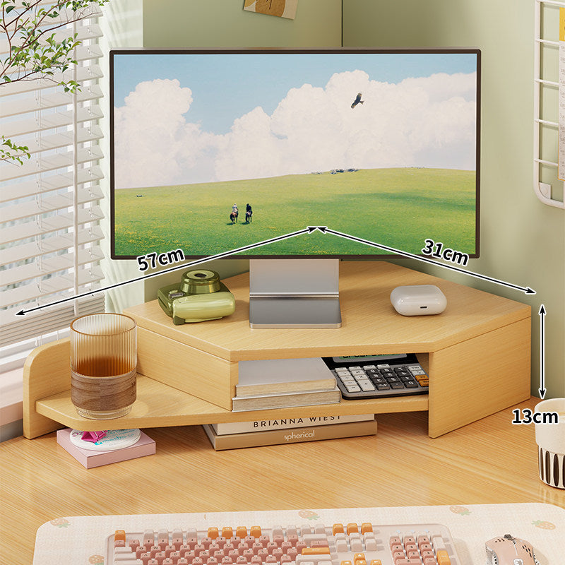 Corner Wooden Monitor Riser with Dual-Tier Storage Shelf