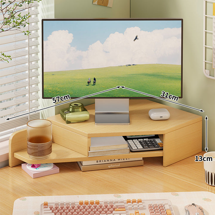 Corner Wooden Monitor Riser with Dual-Tier Storage Shelf