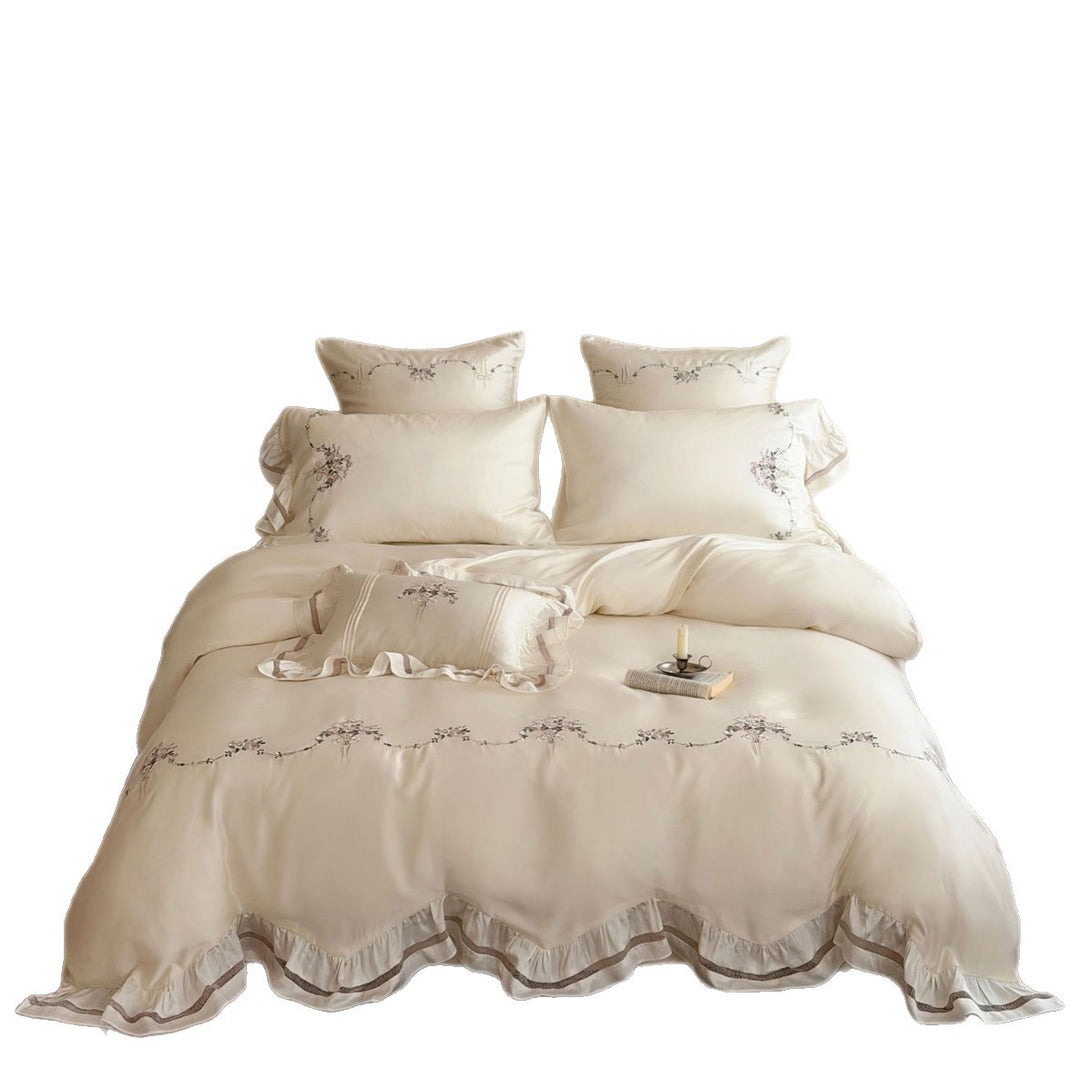 Embroidered Ruffled Satin Duvet Cover and Pillow Sham Set