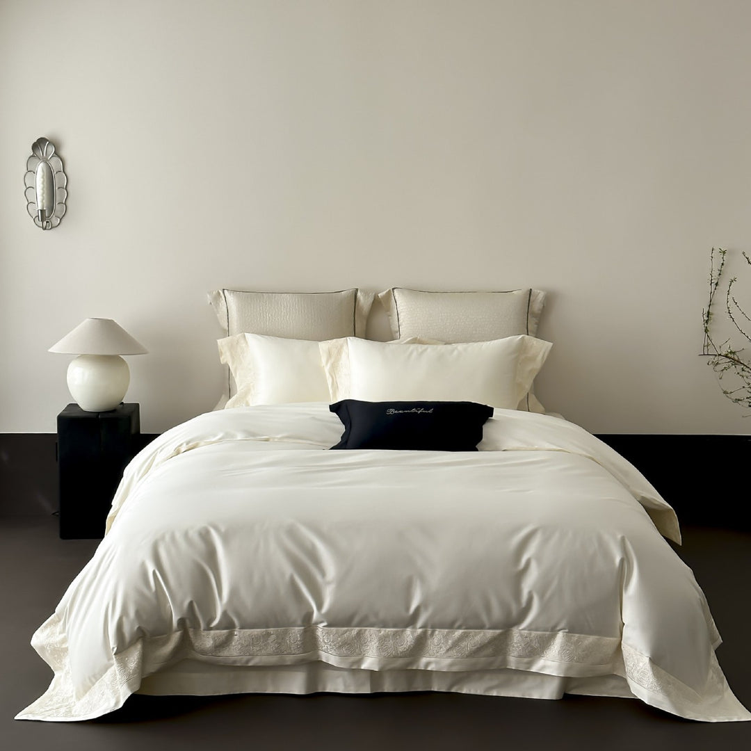 Luxury Satin-Feel Reversible Duvet Cover Set with Embroidered Hem and Pillow Shams