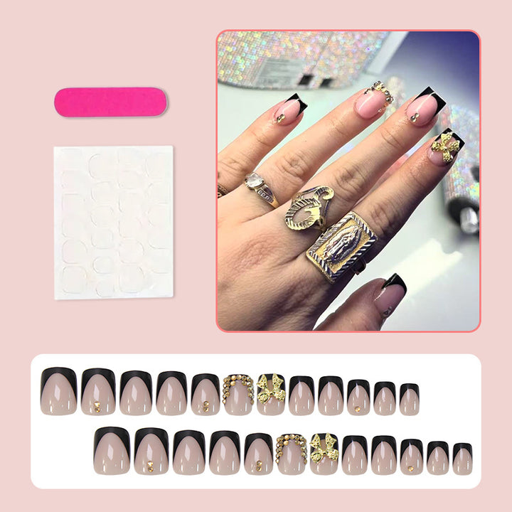 Artificial nail set with elegant black tips and sparkling accents Stornfield