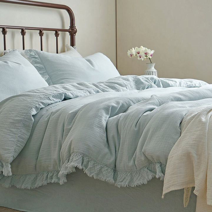 Cotton Gauze Fringed Duvet Cover Set with Washed Linen Texture