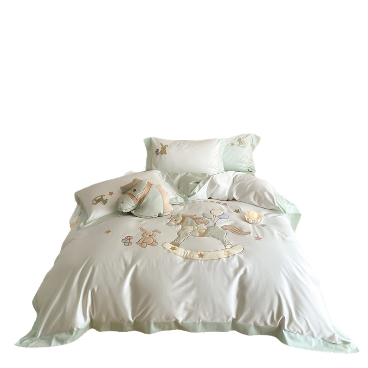 Children's Embroidered Cotton Sateen Duvet Cover Set with Rocking Pony Motif