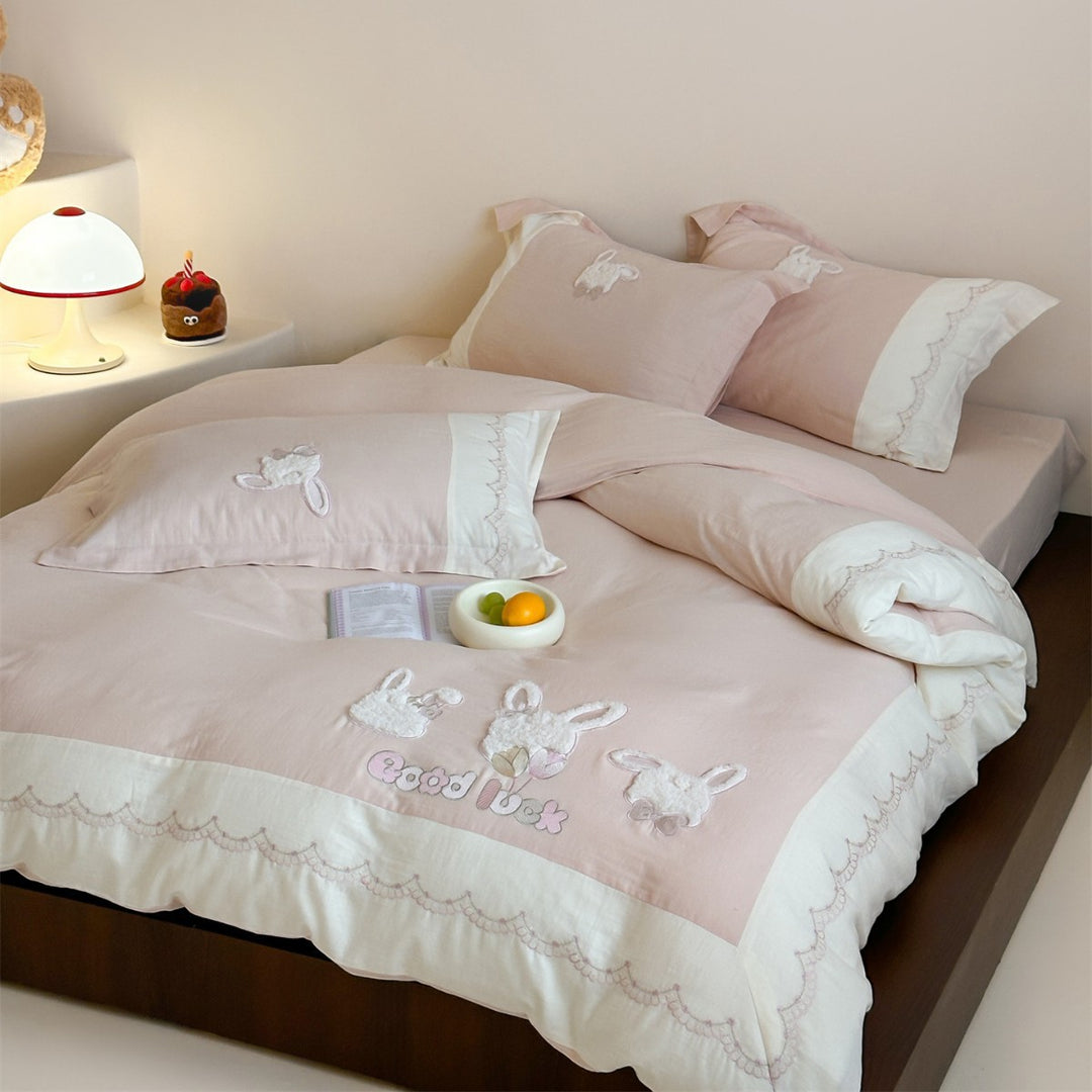 Reversible Cotton-Linen Appliqué Bunny Duvet Cover Set with Embroidered Scalloped Border