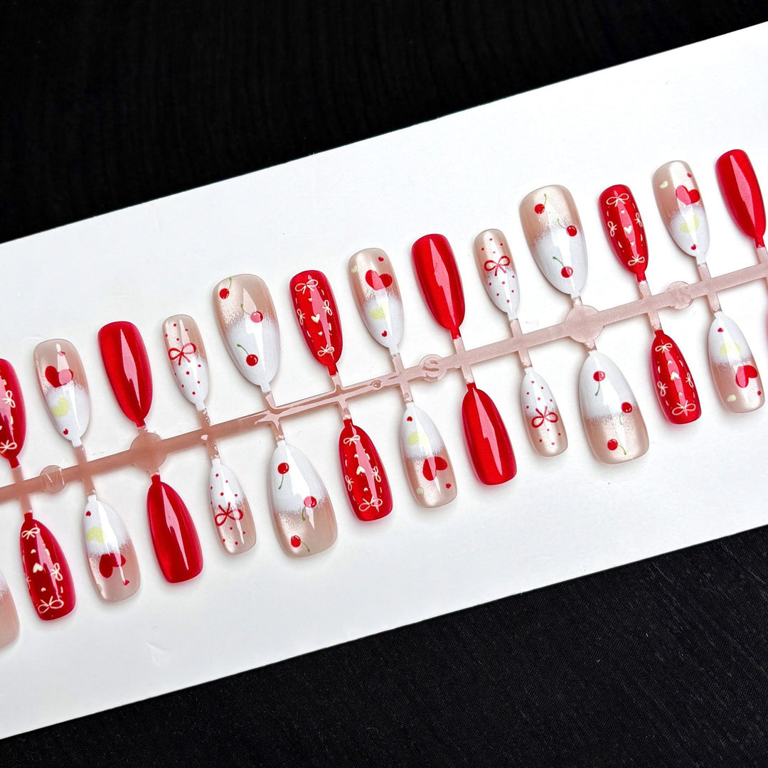 Creative Press-On Nail Art Set with Fruit and Heart Designs