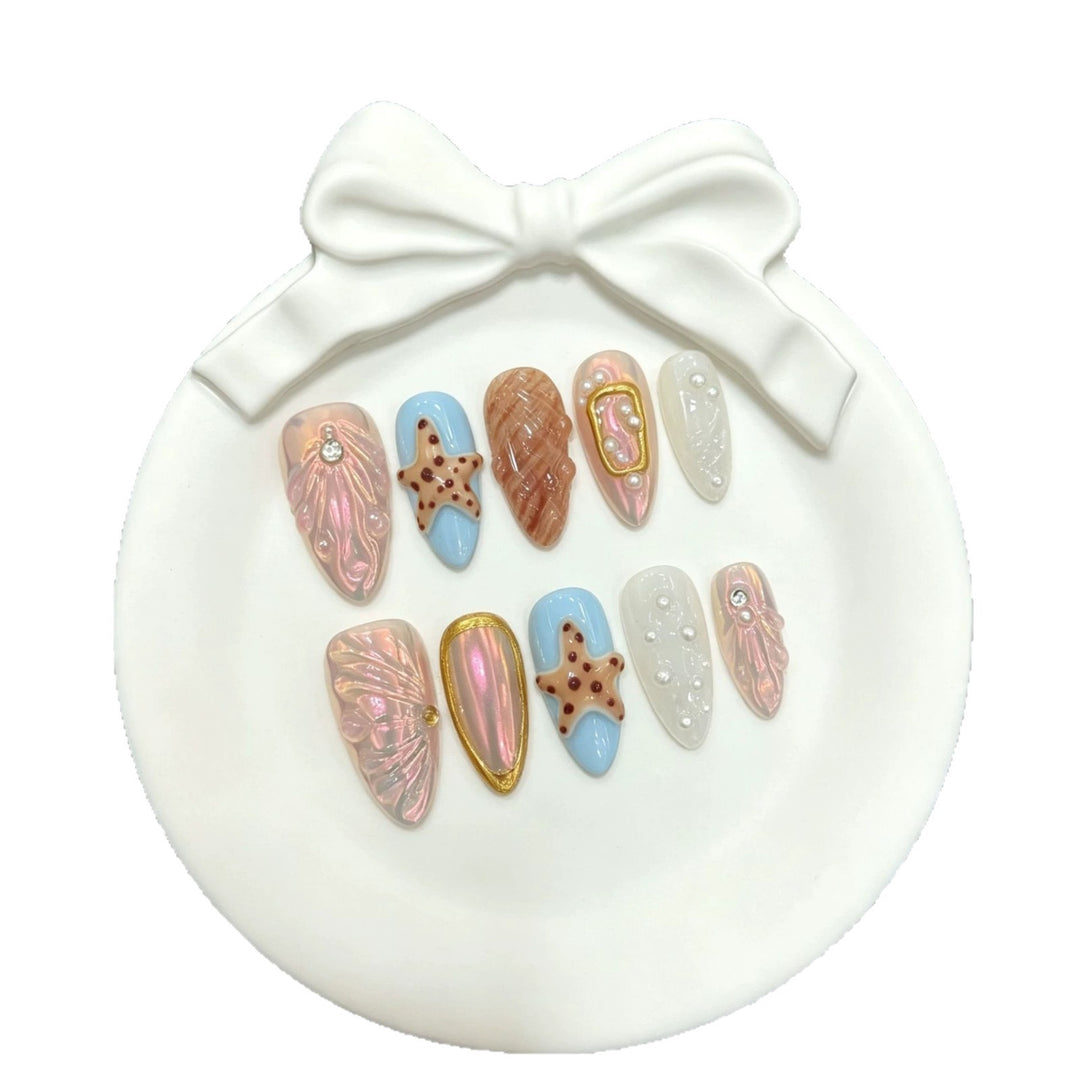 Decorative Press-On Nail Art Set with Unique Marine-Themed Designs