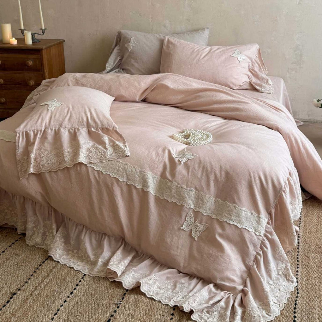 Ruffled Lace-Trimmed Cotton-Linen Duvet Cover Set with Embroidered Butterfly Appliqués