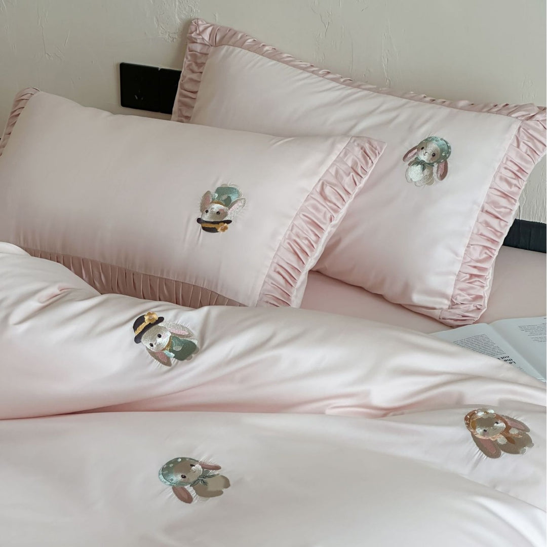 Luxurious cotton satin bedding set with embroidered bunnies