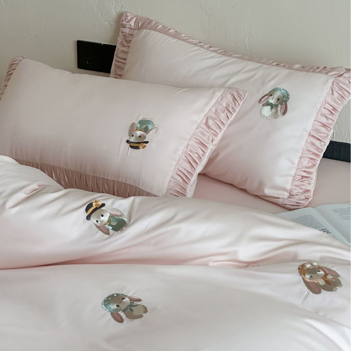 Luxurious cotton satin bedding set with embroidered bunnies