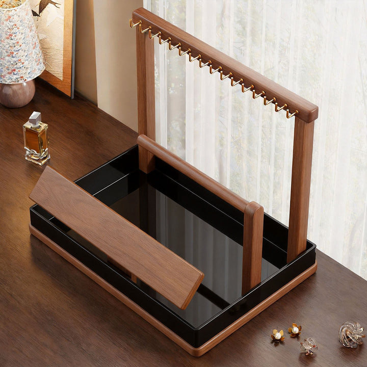 Solid Wood Jewelry and Watch Organizer Stand with Necklace Hooks and Bracelet Roll
