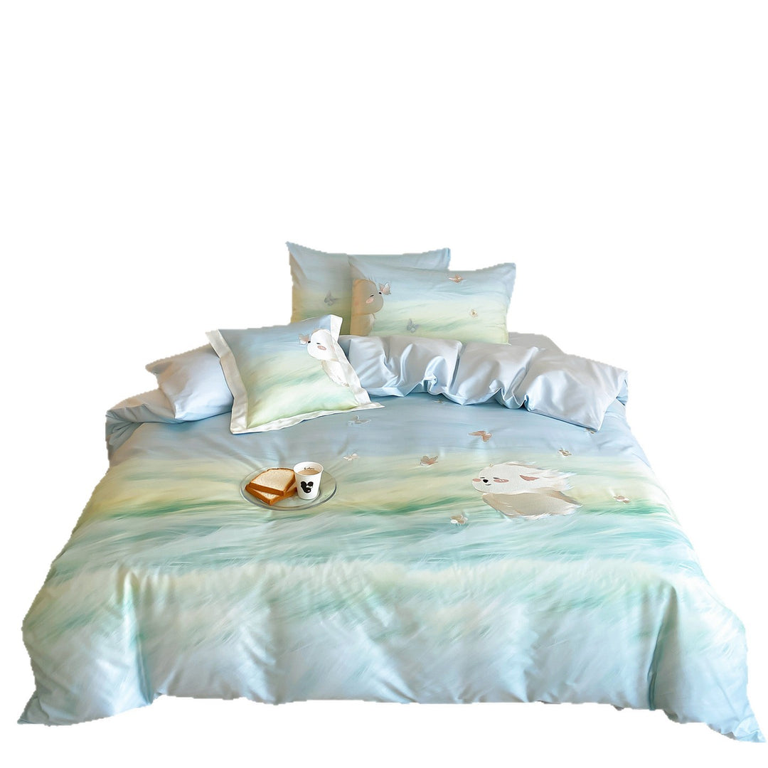 Pastel Watercolor Duvet Cover & Pillow Sham Ensemble with Whimsical Animal Motif