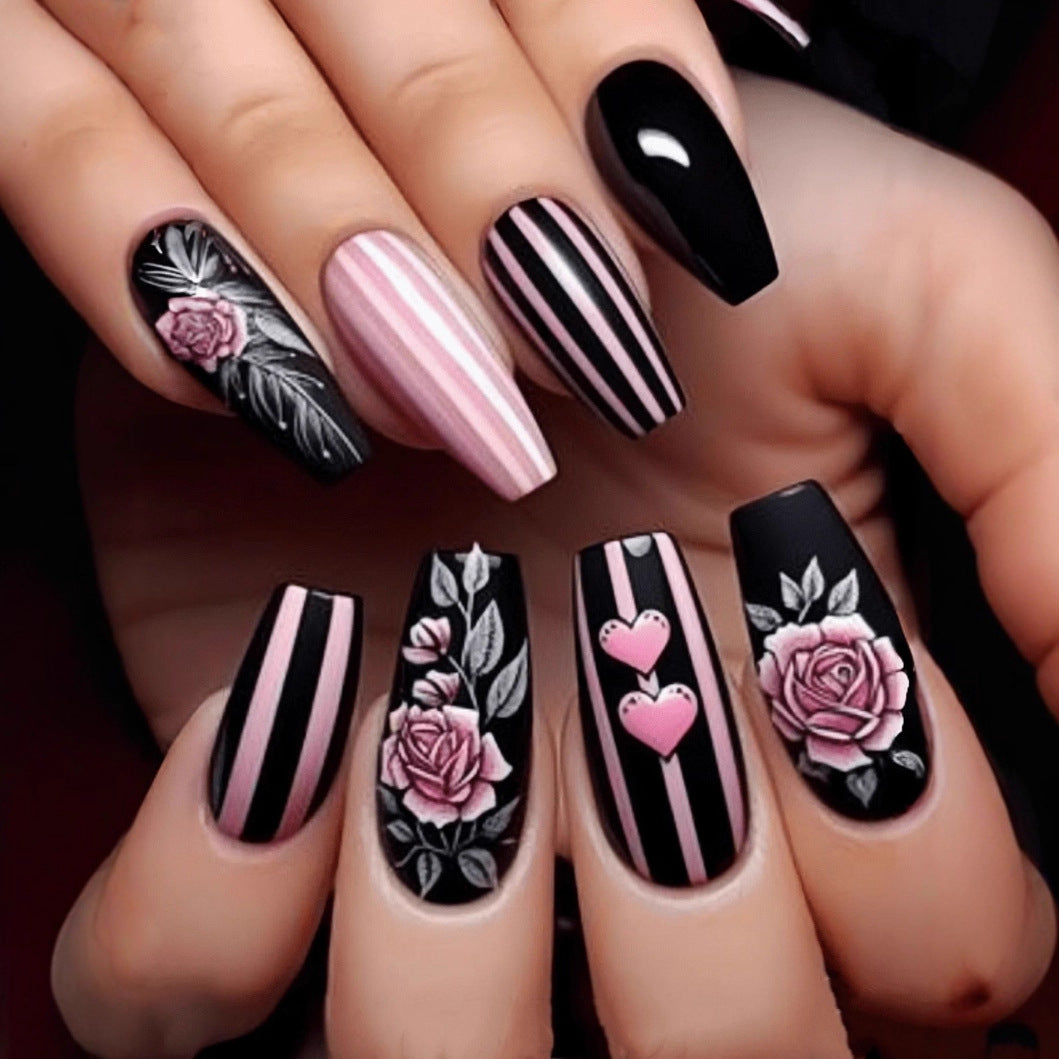 Artificial nail set with romantic rose and heart designs Stornfield