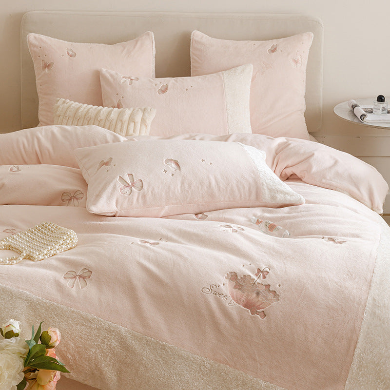 Plush Embroidered Bow Motif Sherpa-Trim Duvet Cover & Pillow Sham Set