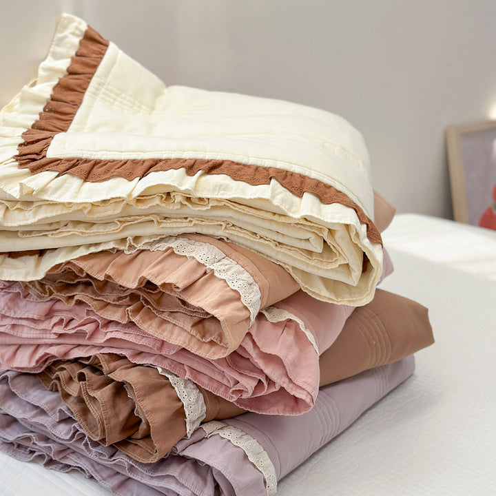 Quilted Ruffled Cotton Bedspread Set with Lace-Trim Pillow Shams