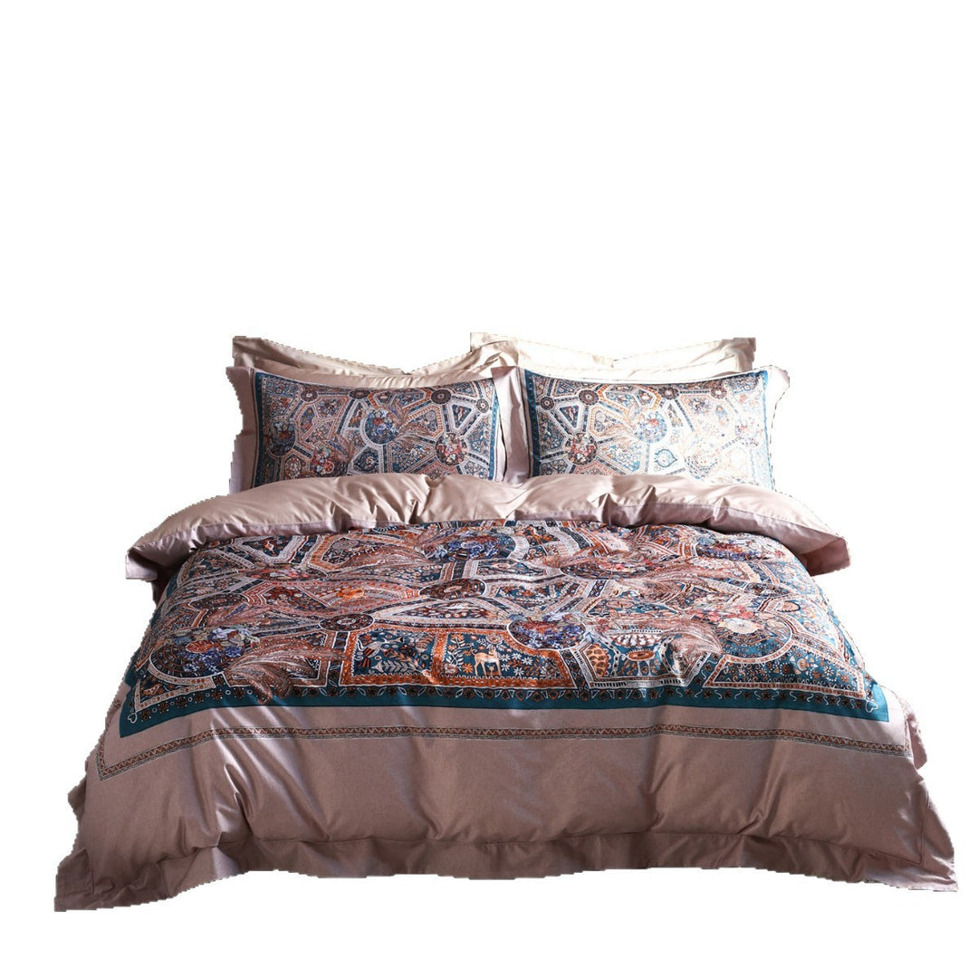 Ornate Mosaic-Print Cotton-Sateen Duvet Cover Ensemble with Solid Sateen Border & Pillow Shams