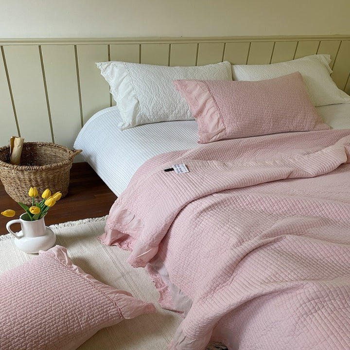 Quilted Washed Linen Bedspread Set with Frayed Lace Edge and Matching Pillow Shams