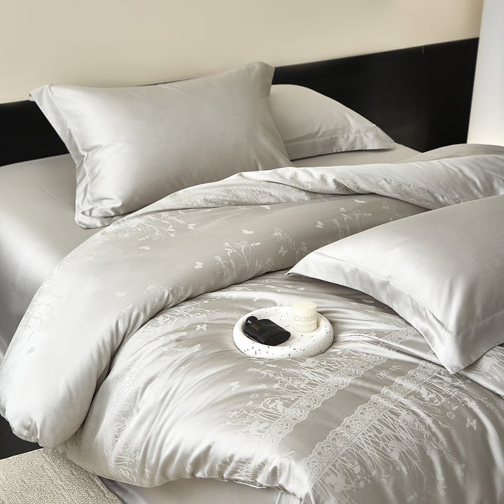 Silky Cotton-Sateen Duvet Cover Set with Subtle Botanical Jacquard & Deep-Pocket Sheet